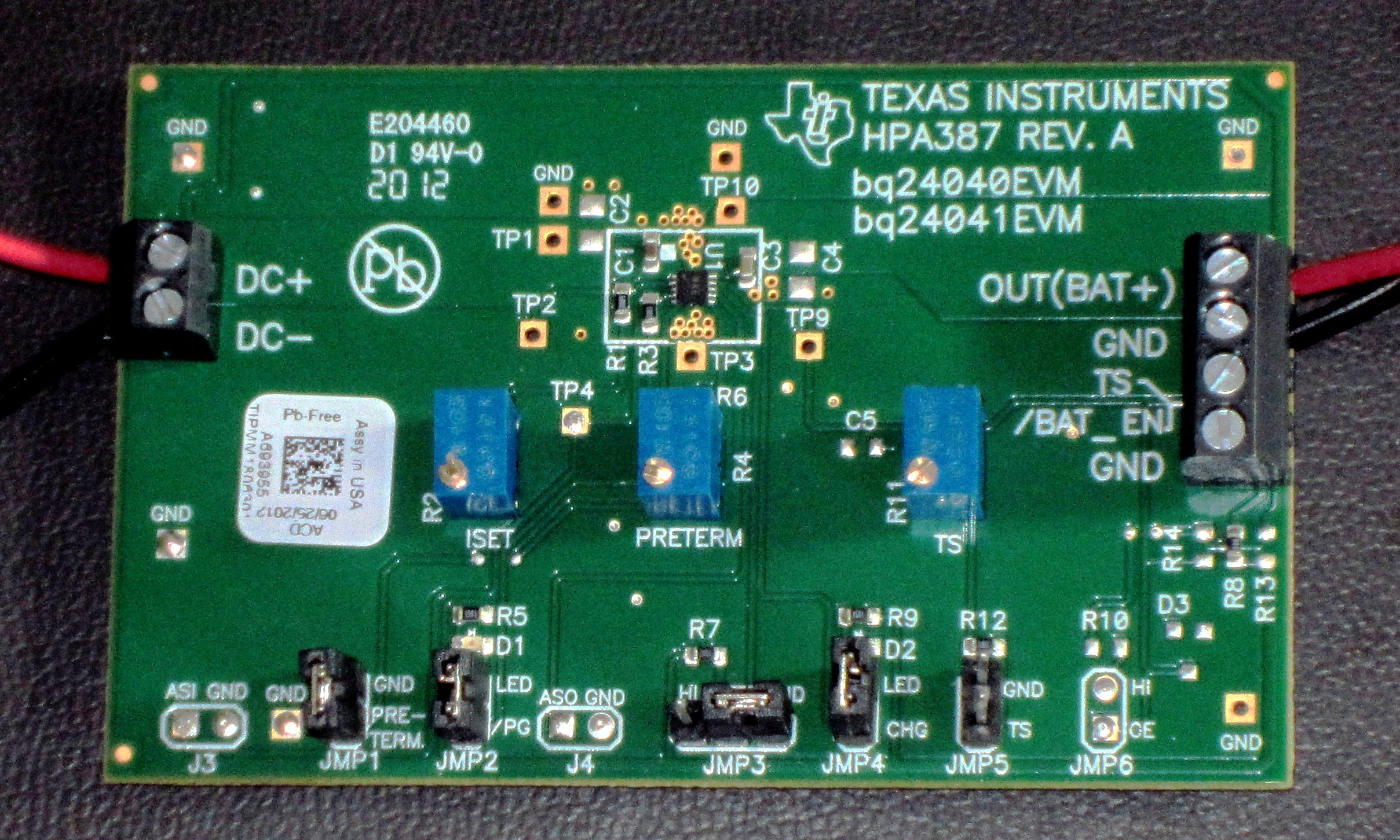 Figure 1:  Typical Low-Current Linear Charger Evaluation Module (EVM).  Note that even with simple linear chargers, there are jumper settings and potentiometer adjustments that need to be checked before operating the circuit.  The IC Data Sheet and EVM User’s Guide provides details on how these need to be set for proper operation.