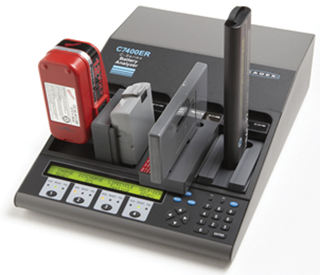 Figure 2. Cadex C7400ER Battery Analyzer services four batteries from 1.2 V to 36 V and 6 A per station. Batteries connect by custom adapters or programmable cables. Operates in stand-alone mode or with a PC. 