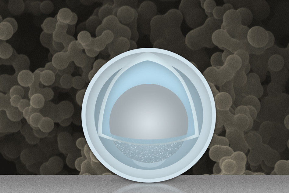 A new "yolk-and-shell" nanoparticle could boost the capacity and power of lithium-ion batteries. The gray sphere at center represents an aluminum nanoparticle, forming the "yolk." The outer light-blue layer represents a solid shell of titanium dioxide, and the space in between the yolk and shell allows the yolk to expand and contract without damaging the shell. In the background is an actual scanning electron microscope image of a collection of these yolk-shell nanoparticles.