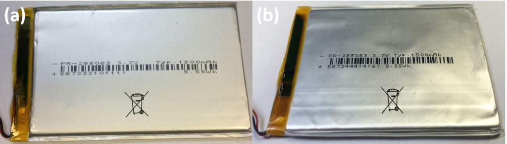 Fig. 1. (a) Cell swelling in the deposition chamber; (b) Wrinkles on the cell pouch after vacuuming.