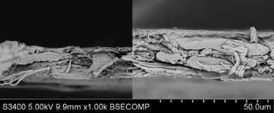 Dreamweaver's new separator technology (left) is 1/2 the thickness of current state-of-the-art non-woven separators (right). It facilitates smaller, lighter, less expensive batteries and supercapacitors, and is compatible with all existing supercapacitor and lithium ion battery technologies.